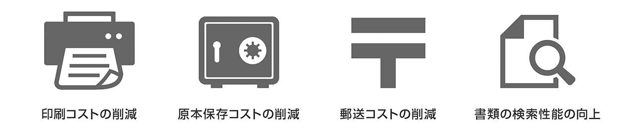 印刷コストの削減、原本保存コストの削減、郵送コストの削減、書類の検索性能の向上